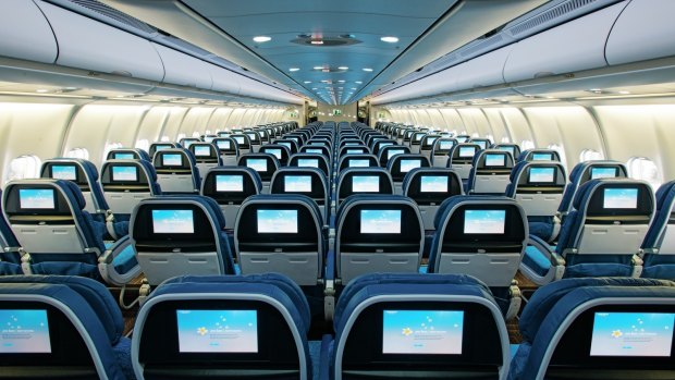 The rear of the main cabin on Hawaiian Airlines.