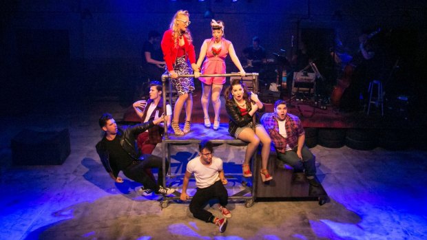 Aaron Robuck (Sonny), Timothy Shead (Doody), Caroline Oayda (Marty), Daniella Mirels (Frenchy), Doron Chester (Miller), Stephanie Priest (Jan), Jason Mobbs-Green (Roger) in Grease the Musical. Photo credit: Michael Francis