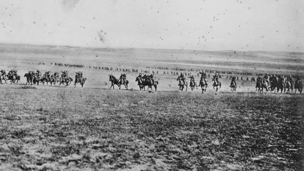 This photo, often described as depicting the 4th Light Horse Brigade's charge at Beersheba in October 1917, is now believed have been taken in February 1918.