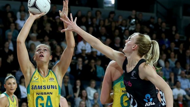 Sharpshooter: Susan Pettitt lines up a shot in the Constellation Cup match against New Zealand at Spark Arena in Auckland.