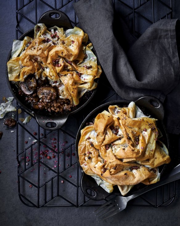 Cheat's meat pies: Beef, caramelised onion and mushroom pot pies.