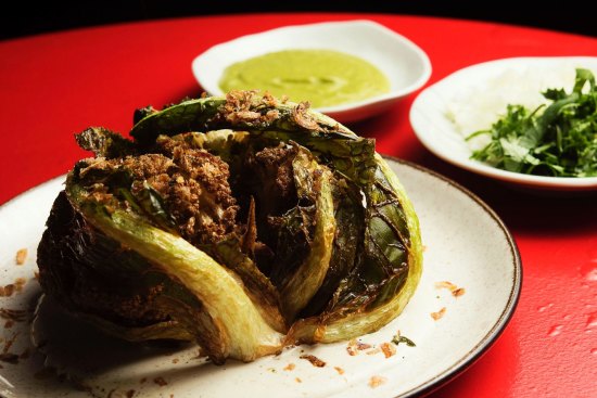 Roasted cauliflower comes with Chinese pancakes.