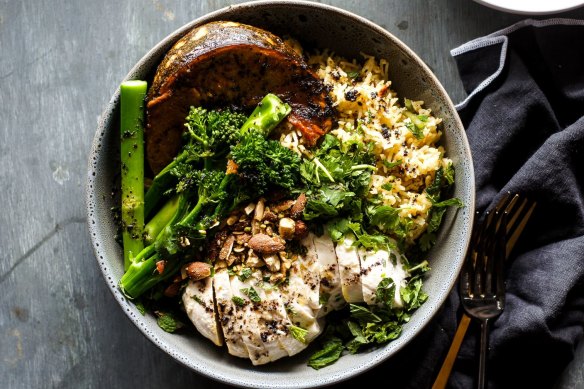 Middle Eastern chicken and spice roasted pumpkin rice bowl