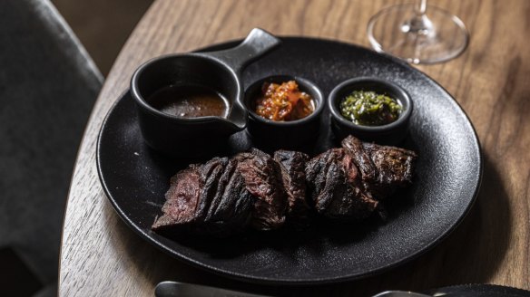 Hanger steak is well-crusted.