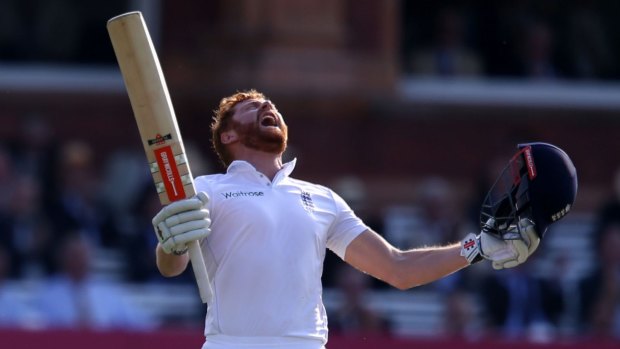 Eyes to the sky: Jonny Bairstow celebrates his first Test century in Cape Town last year.