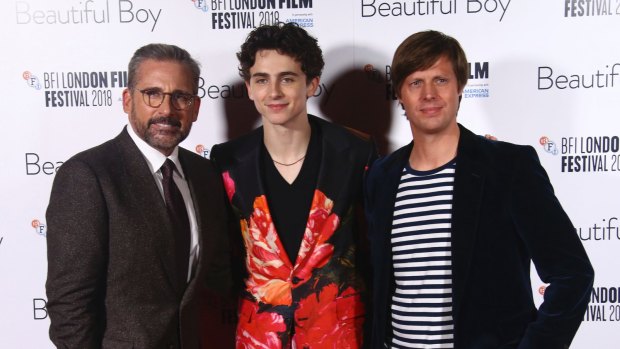 From left, Steve Carell, Timothee Chalamet and  director Felix van Groeningen at the London premiere of Beautiful Boy. 