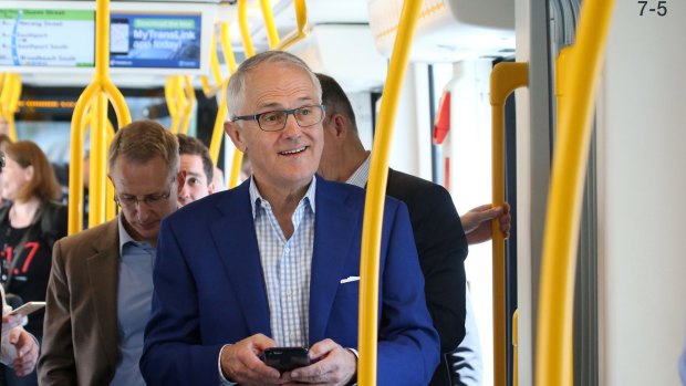 Prime Minister Malcolm Turnbull riding the Gold Coast light rail.