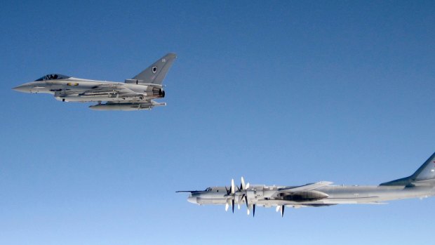 A British RAF Typhoon shadows a Russian Bear-H bomber over the North Atlantic in 2007. 