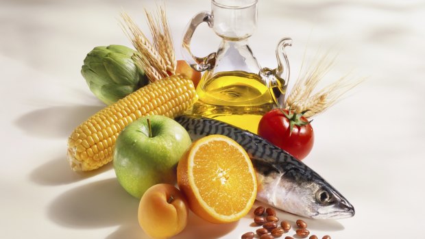 A typical Mediterrean diet: Fish, fruit, vegetables, cereals, beans, and olive oil.
