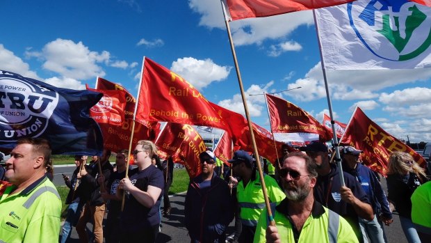 Union members marched on Webb Dock during an industrial dispute in Melbourne.