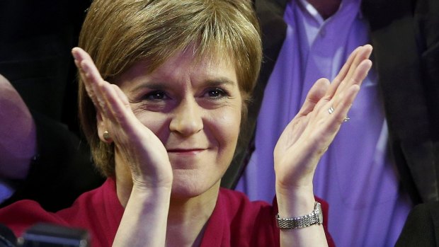 Nicola Sturgeon, leader of the Scottish National Party celebrates results at a counting centre in Glasgow, Scotland.