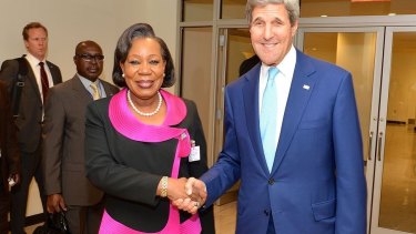 Central African Republic Transitional President Catherine Samba-Panza with US Secretary of State John Kerry  in 2014.