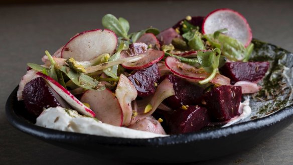 Spiced beetroot with pomegranate and pine nuts.