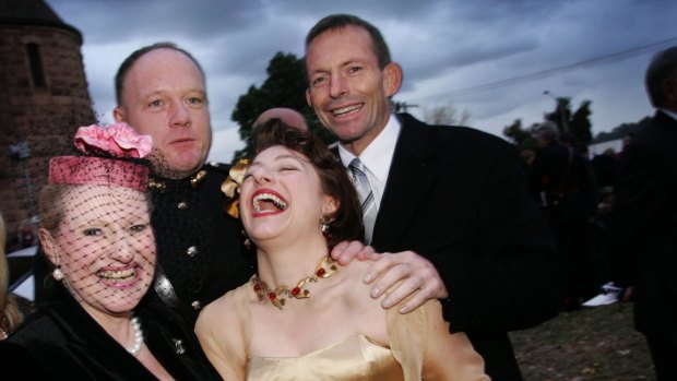 Bronwyn Bishop (left) at the wedding of Sophie and Gregory Mirabella, with Tony Abbott. 