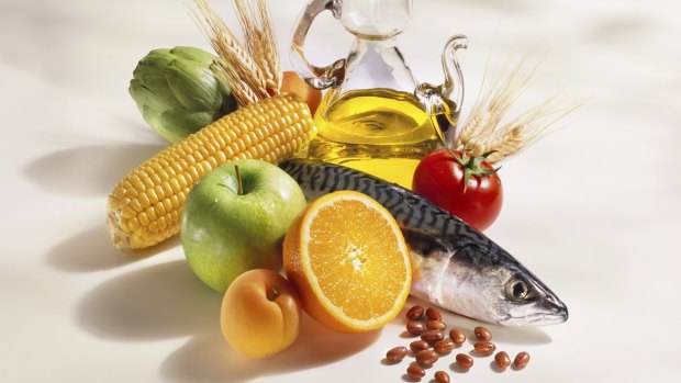 Ffish, fruit, vegetables, cereals, beans, and olive oil are typical of a Mediterranean diet.