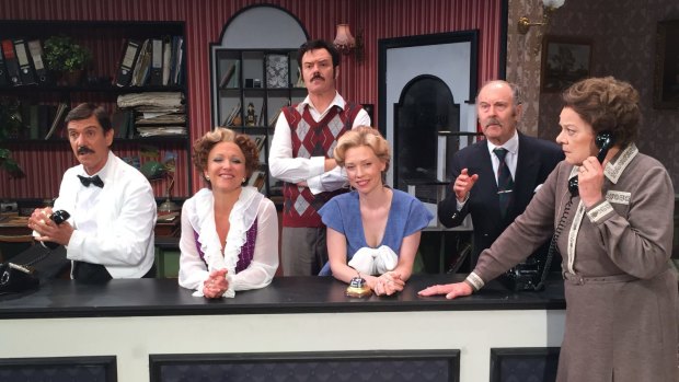 The all-Australian cast of Fawlty Towers Live (left to right): Syd Brisbane (Manuel), Blazey Best (Sybil Fawlty), Stephen Hall (Basil Fawlty), Aimee Horne (Polly Shearman), Paul Bertram (The Major) and Deborah Kennedy (Mrs Richards).