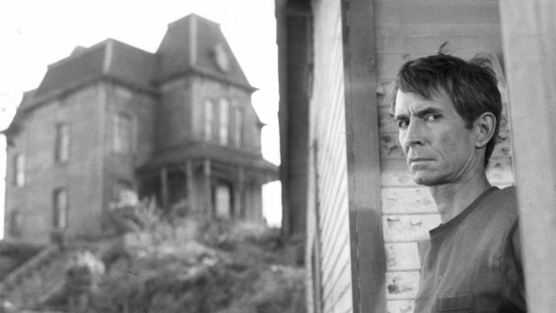 Anthony Perkins as Norman Bates in the film <i>Psycho</i> and the house that inspired PsychoBarn.