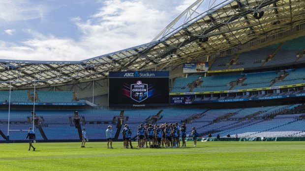 The Blues squad during the State of Origin captain's run at ANZ Stadium on Tuesday.