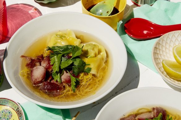 Mi sui cao (Prawn dumplings with egg noodles) from Jerry Mai's cookbook.