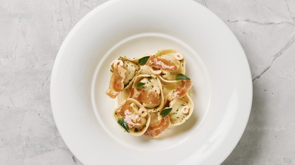 Pork tortellini with jerusalem artichoke puree and smoked pancetta.