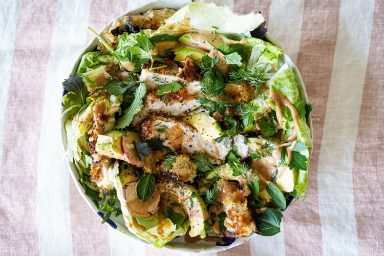 Buttermilk crisp chicken and crunchy salad with sriracha mayo dressing.