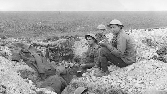 Meal time at a machine-gun post of the 5th Australian Machine Gun Battalion, Villers-Bretonneux plateau, France.