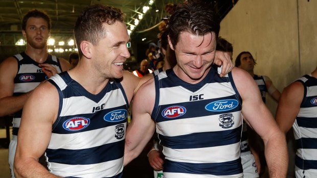 Celebrity couple: Joel Selwood and Patrick Dangerfield after the win over the Kangaroos.