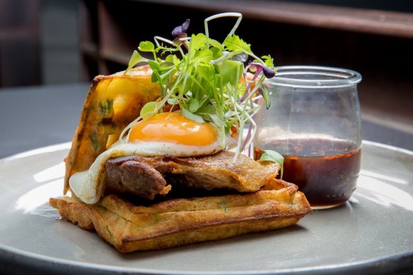 Cheffy brekkie: Duck leg waffles.