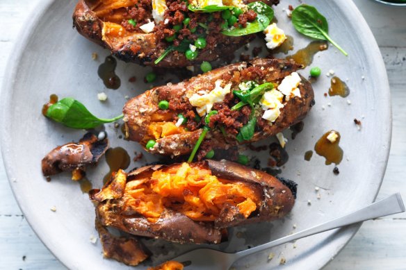 Pot o' gold: Jill Dupleix's baked sweet potato with chorizo cous cous.