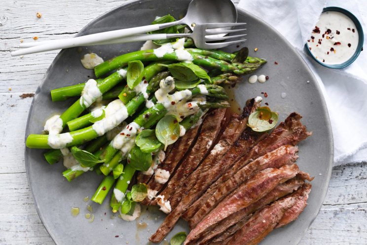 Grilled steak, asparagus and anchovy sauce