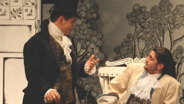 George Pulley (Charles Marlow), left, and Teig Sadhana (George Hastings) in the Canberra Repertory Society's She Stoops to Conquer.