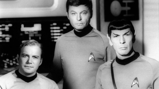 William Shatner, left, DeForest Kelley and Leonard Nimoy on the set of the TV series <i>Star Trek</i>, which has clocked up an incredible 725 episodes.