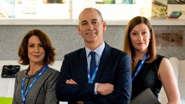Kitty Flanagan, Rob Sitch and Celia Pacquola in television series Utopia. 