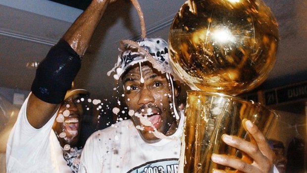 San Antonio Spurs' David Robinson, celebrates the 88-77 win over the New Jersey Nets to clinch the NBA Championship in 2003.