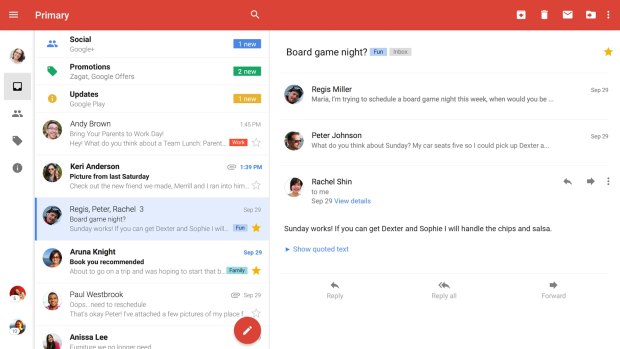 In keeping with Google's new Material Design language, Gmail's new app has a more modern design with bright colours. The tablet version also features a redesigned interface.