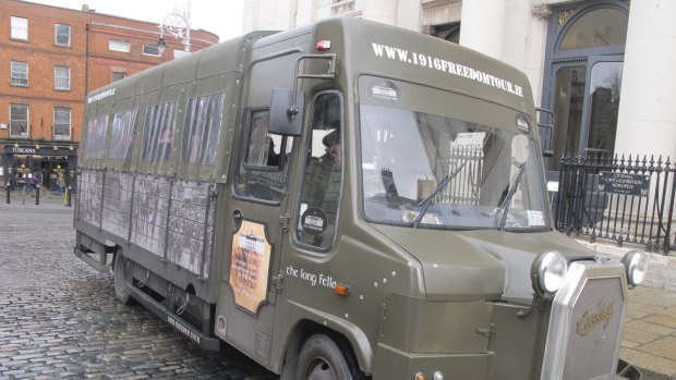 A 1916 Freedom Tour bus parked outside Dublin Castle in February.