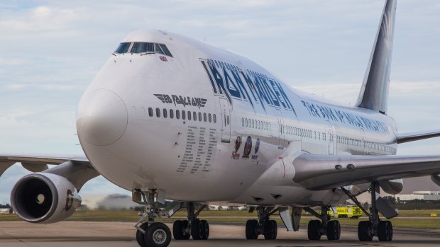 Iron Maiden's Ed Force One taxis to the Brisbane Airport terminal. Credit: PlaneImages.net