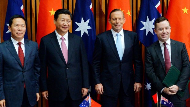 Senior figures from China and Australia were present for the signing of a draft agreement  between China Eastern and Qantas, including (from left) China Eastern chairman Liu Shaoyong, Chinese Pesident Xi Jinping, Prime Minister Tony Abbott, and Qantas chief executive  Alan Joyce.