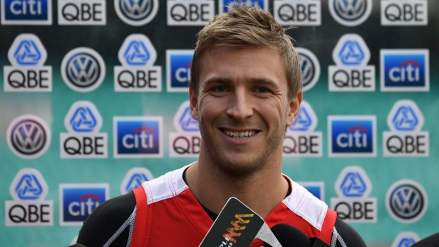 Kieren Jack faces the media after the Swans training session at the SCG. 