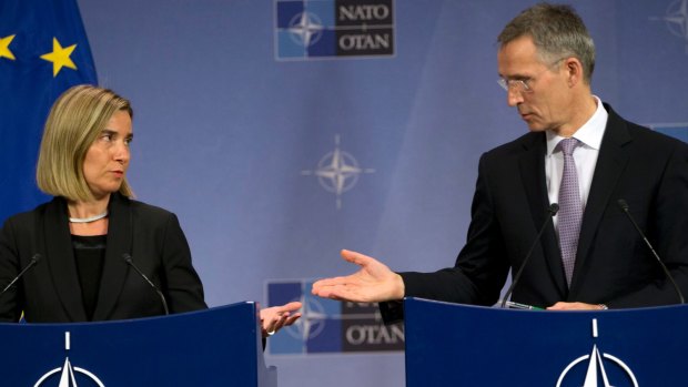 NATO Secretary General Jens Stoltenberg, right, and European Union High Representative Federica Mogherini.