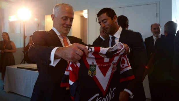 Rooster booster: Prime Minister Malcolm Turnbull with former Sydney Roosters player Anthony Minichiello.