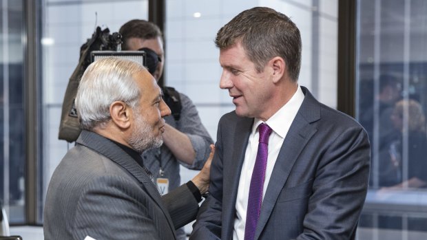 Mike Baird is greeted by Grand Mufti of Australia Dr Ibrahim Abu Mohammed at a meeting with Muslim community leaders to discuss countering violent extremism.  