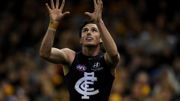 Blues man: Jed Lamb lines up for a mark with Carlton.