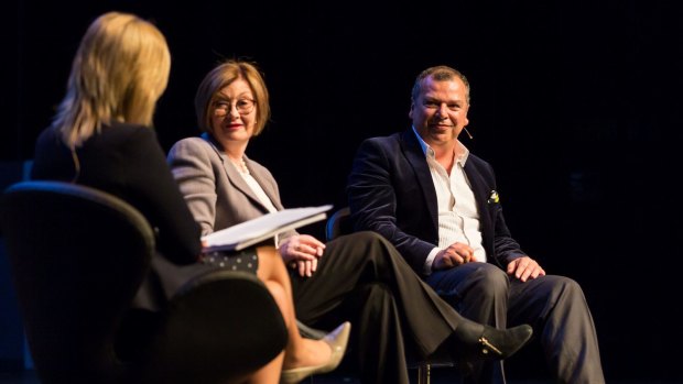 Herald editor Lisa Davies, investigative reporter Kate McClymont and Andrew Hornery discussing 'Gossip as News' for the SMH Live Event at Seymour Centre.