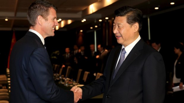 Chinese president Xi Jinping meets with NSW Premier Mike Baird in the Four Seasons Hotel in Sydney.