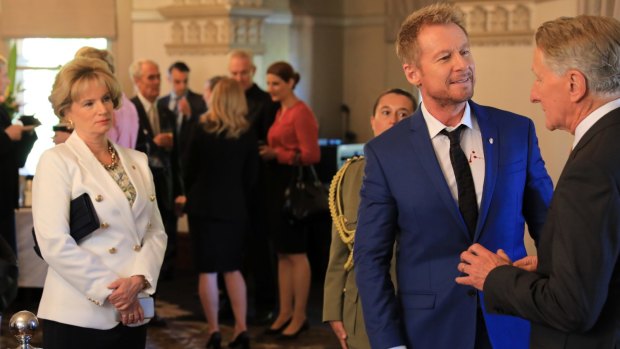 Jane Turner as a conservative politician, Richard Roxburgh as Senator Cleaver Greene and John Gaden as the governor-general in the new season of Rake during filming in Sydney.