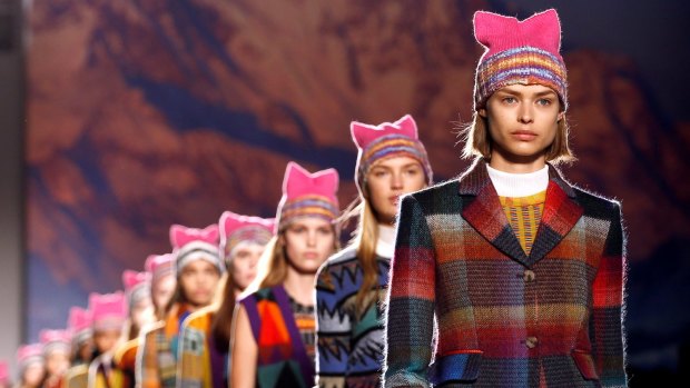 Models parade in pussy hats at the end of the Missoni Autumn/Winter 2017 women's collection during Milan Fashion Week. 