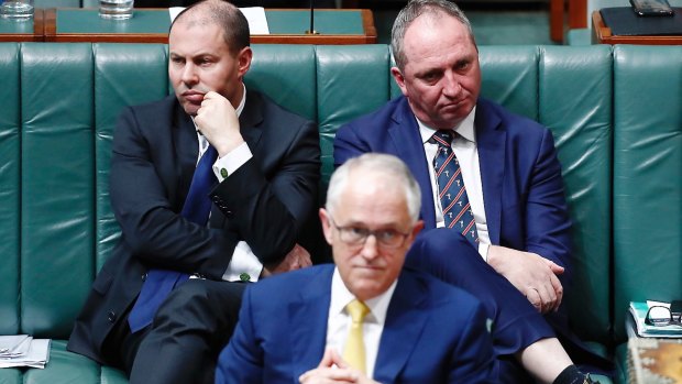 Minister for Environment and Energy Josh Frydenberg, Prime Minister Malcolm Turnbull and Deputy Prime Minister Barnaby Joyce on Monday.