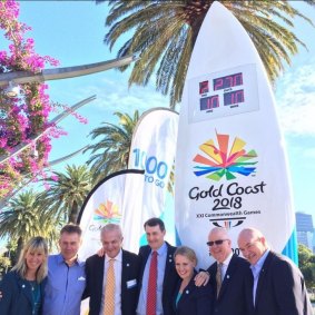 Glynis Nunn-Cearns, Dean Lukin, Kendrick Tucker, Graham Quirk, Kate Jones, Rob Borbidge and Robert de Castella launch the countdown clock for the 2018 Gold Coast Commonwealth Games.