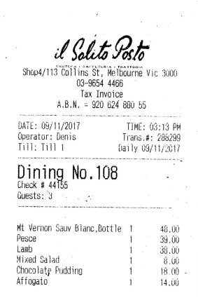Bill for lunch with Helen Maudsley at Il Solito Posto.